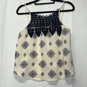 Y2K Cream Sleeveless Top Blue Medallion Print Crochet Trim Casual Tank Babydoll‎